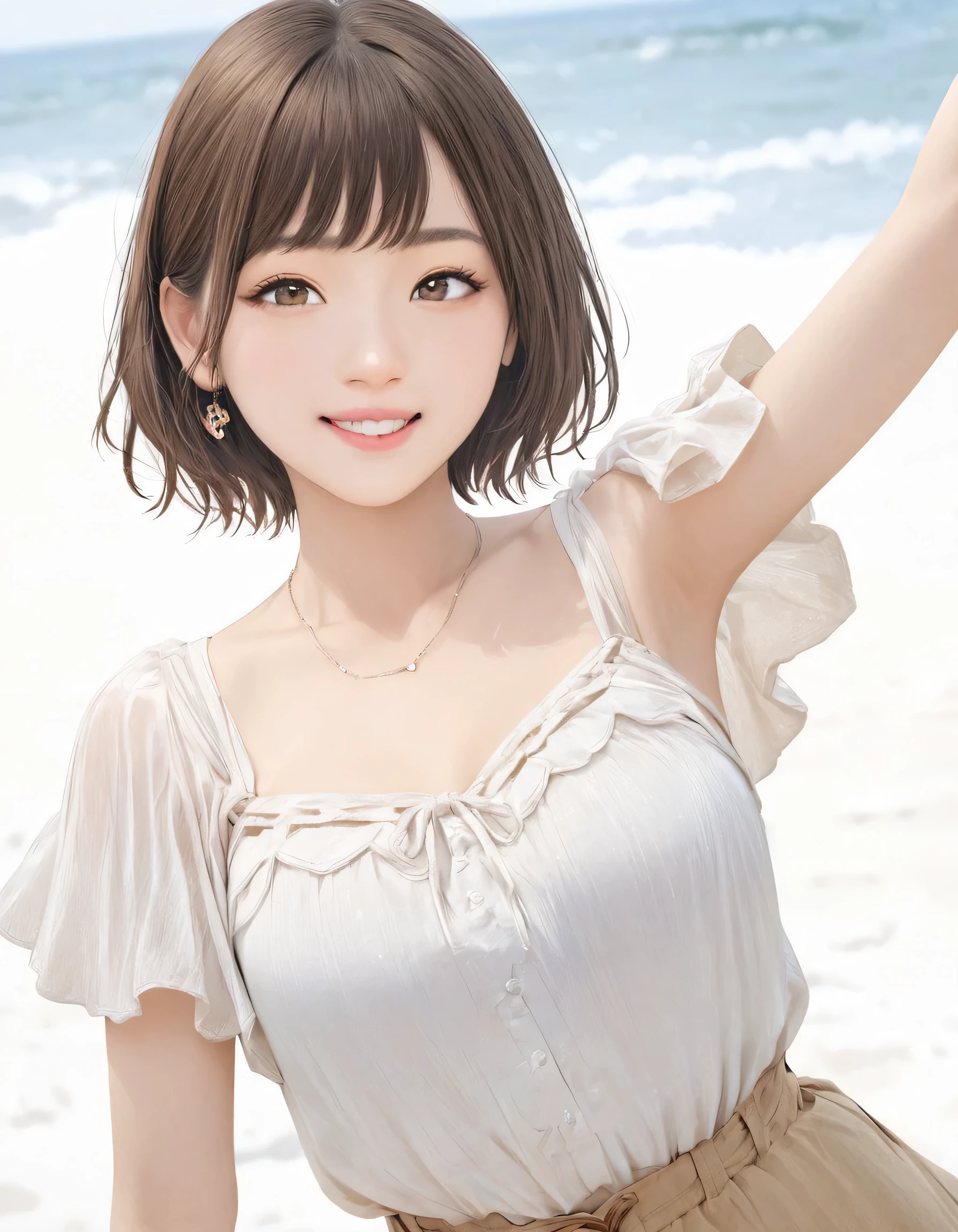 ( best quality :1.2),  1 girl, White background、summer, blouse,  cowboy shots, Front shot