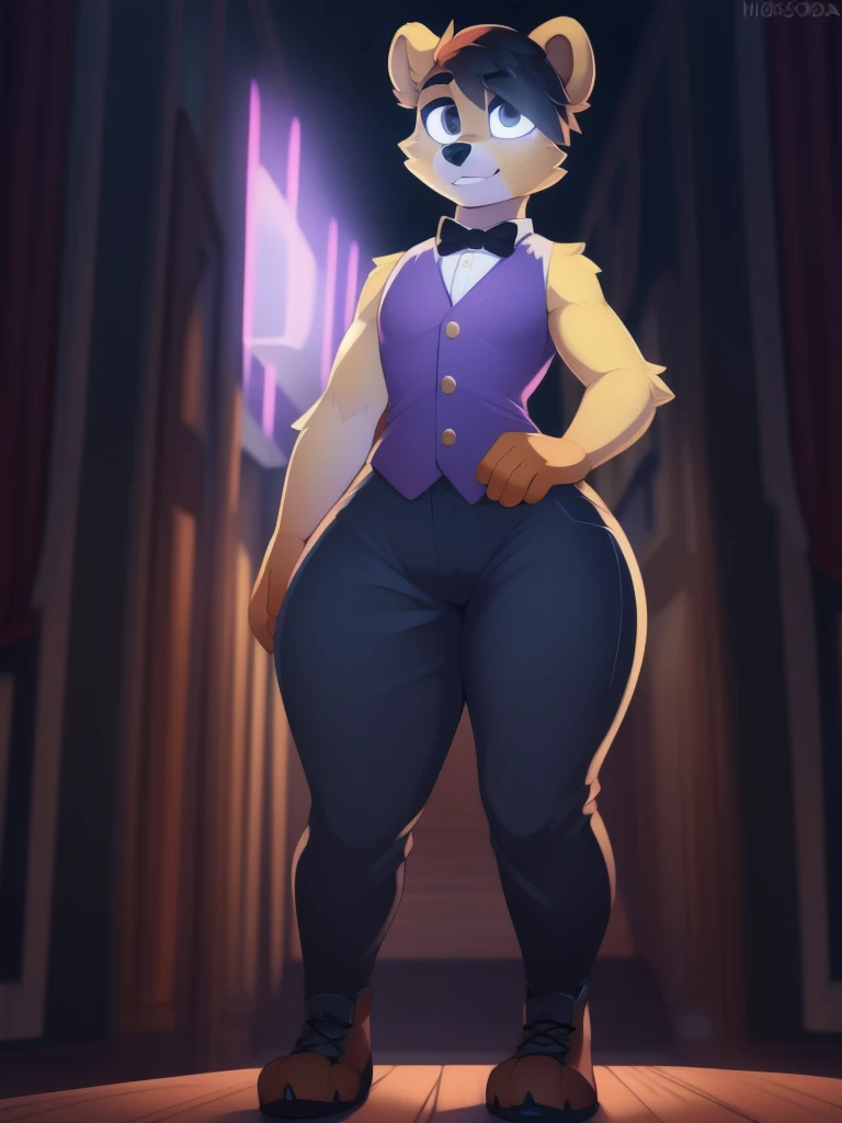 Alone,Bear,yellow fur, boy,  female male , hair highlights,purple dress vest , bow tie , sexy pants, mini purple top hat on the head, thighs thighs ,  curvy figure , detailed eyes perfect anatomy,  masterpiece,{{pose sexual}}, black eyes and bright white iris, short hair on the side ,calda de Bear,big ass, thick thighs,  wide hips  , perfect,  incredible shading , Whole body, detailed hands, detailed eyes, detailed face,  detailed arms , anthropomorphic ,by Clina,por coffeesoda, By Hioshiru, centered, character focus,  masterpiece, standing,boat,light show,stage.