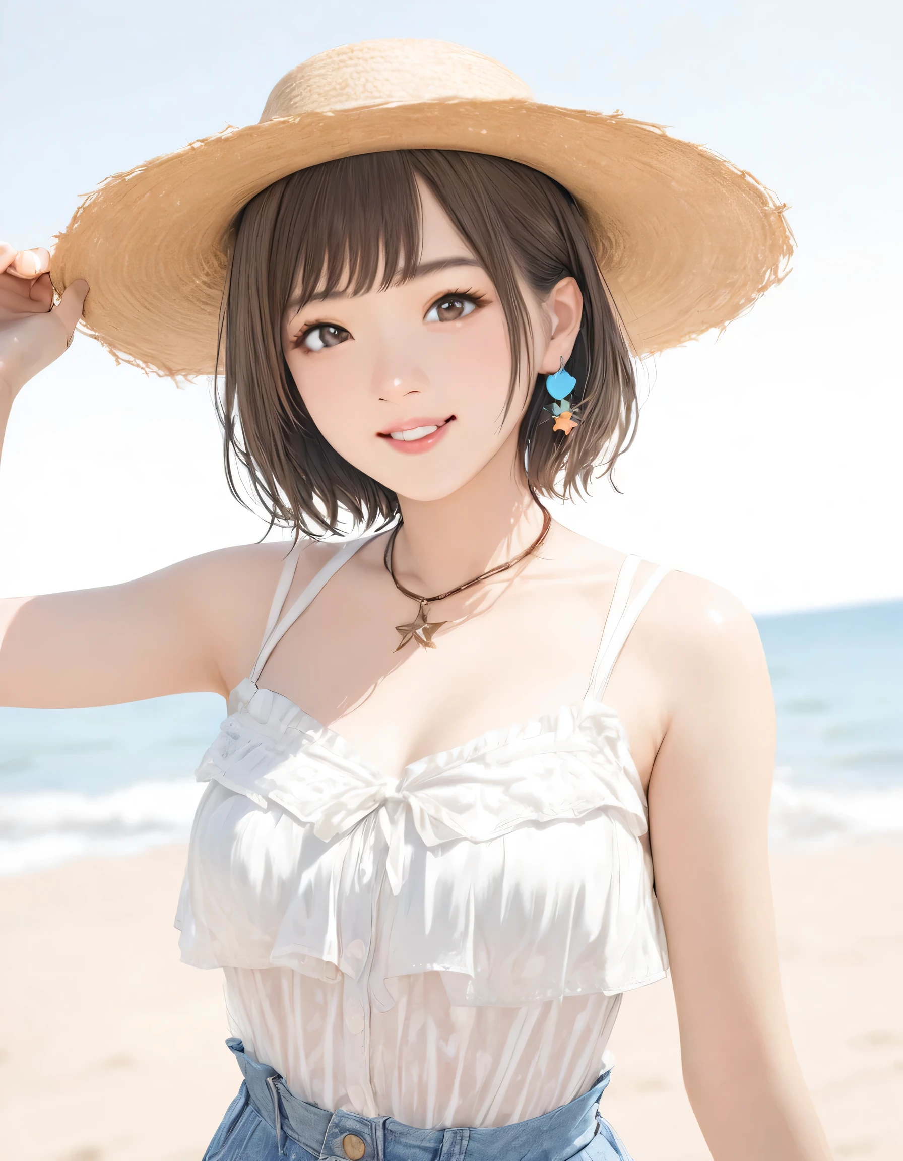 ( best quality :1.2),  1 girl, White background、summer, blouse,  cowboy shots, Front shot