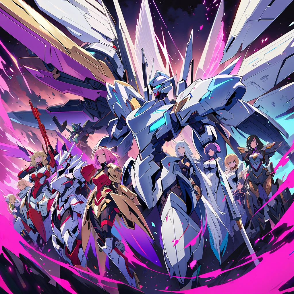 Anime, high detailed, multiple womans, mature womans, platinum-like mecha armor, large mechanical wings, large Gauntlet, serious, curvy body, long mechanical wings, mecha weapons、Colored armors、magenta Colored aura、BLUE Eyes, elongated pupils,  Mature Woman、magenta aura、womans surrounding, background a crumbled city