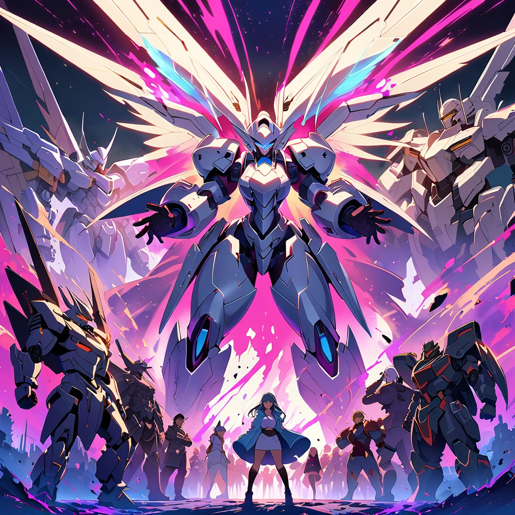 Anime, high detailed, multiple womans, mature womans, platinum-like mecha armor, large mechanical wings, large Gauntlet, serious, curvy body, long mechanical wings, mecha weapons、Colored armors、magenta Colored aura、BLUE Eyes, elongated pupils,  Mature Woman、magenta aura、womans surrounding, background a crumbled city