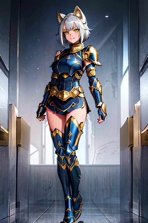 female, silver short messy hair, yellow eyes, silver wolf ears, silver wolf tail, (((1girl))), (((dark blue armor with gold trim))), (black shorts), (dark blue metal arm guards with gold trim), (dark blue metal heeled boots with gold trim), cute and sexy, full body, big breasts, long legs, smiling