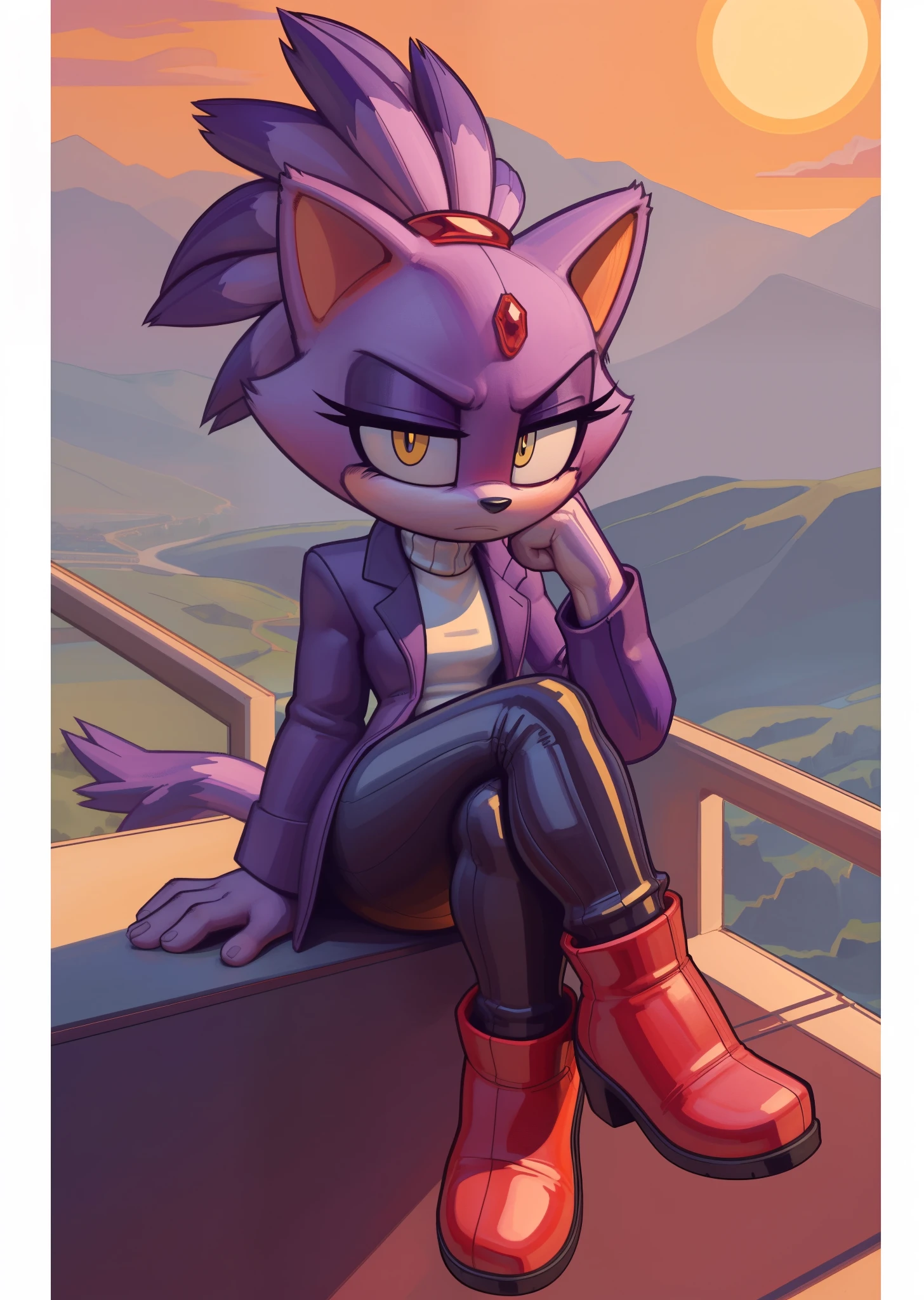 [Blaze the cat], [Uploaded to e621.net; (Pixelsketcher), (wamudraws)], ((masterpiece)), ((HD)), ((High res)), ((solo portrait)), ((bird's eye view)), ((feet visible)), ((detailed fur)), ((detailed shading)), ((cel shading)), ((beautiful render art)), ((intricate details)), {(purple fur), (black nose), (cat ears), (cute yellow eyes), (red gem on forehead), (long tail), (tied-up hair), (curvy hips), (beautiful legs), (blushing), (annoyed frown)}, {(white yoga pants), (purple collared trench coat), (red heeled boots)}, {(intimidating glare), (sitting in ledge), (crossed legs), (looking at viewer)}, [ambient lighting, mountains, sunset, sun rays]