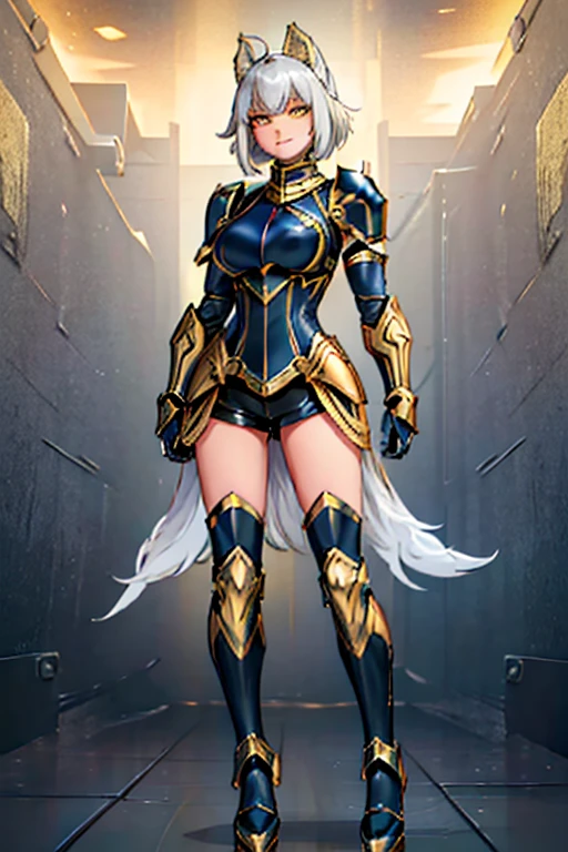 female, silver short messy hair, yellow eyes, silver wolf ears, silver wolf tail, (((1girl))), (((dark blue armor with gold trim))), (black shorts), (dark blue metal arm guards with gold trim), (dark blue metal heeled boots with gold trim), cute and sexy, full body, big breasts, long legs, smiling