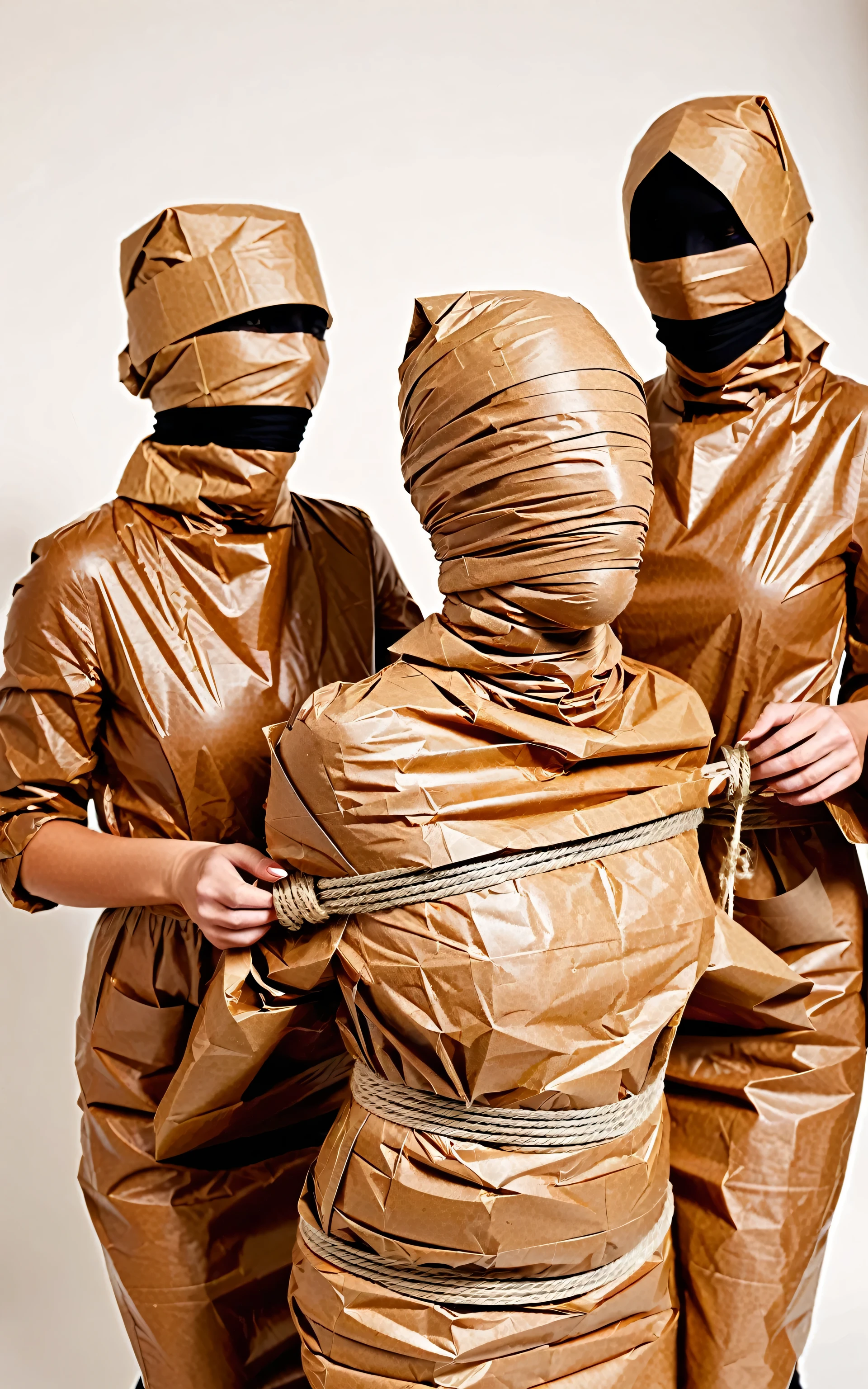 a faceless female figure wearing a smock made of crisp brown packaging paper is wrapping a standing helpless woman like a mummy in crisp brown packaging paper tightly, the mummy is tightly tied up with rope wrapped around her, wearing a brown paper bag over head,  completely covered in brown packaging paper, two women in the picture,  close-up 