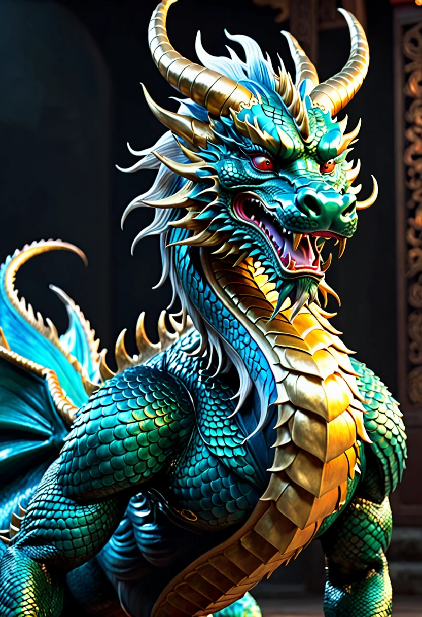 Majestic Chinese dragon, horns growing from the head, flowing mane, long neck, short legs, beautiful scales, (Highest Quality, 4k, 8k, High Resolution, Masterpiece: 1.2), Ultra Detailed, (Realistic, Photorealistic, Photorealistic: 1.37), Fantasy, Mythical Creature, Magic, Dramatic Lighting, Vibrant Colors, Highly Detailed, Intricate Scales, Muscular Build, Dynamic Pose, Powerful Presence