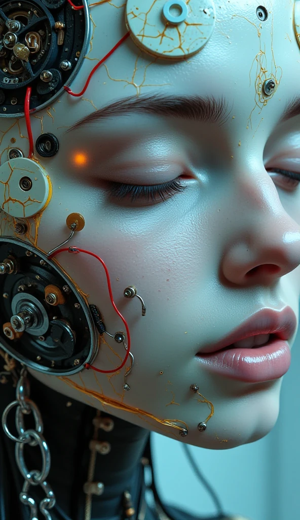 3/4 body, 4K, Award-winning Raw Photo Realism: A Cyborg Android Woman, Eyes Closed, Intricately Detailed Wires and Cables Intertwining with Gears and Nerves, Painted in the Style of  Noriyoshi Ohrai , Trending on ArtStation, Hyper-realistic Digital Art, Shot with a 35mm Lens, HD.