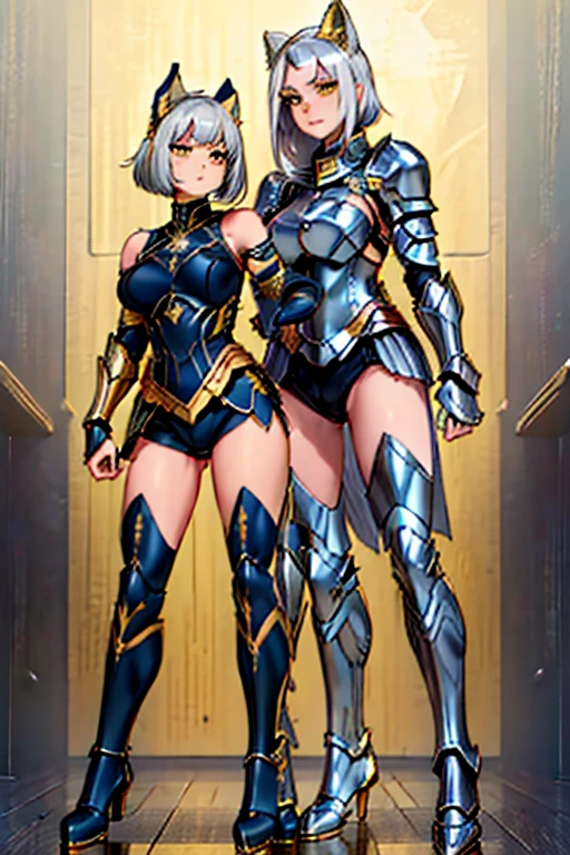 female, silver short messy hair, yellow eyes, silver wolf ears, silver wolf tail, (((1girl))), (((dark blue armor with gold trim))), (black shorts), (dark blue metal arm guards with gold trim), (dark blue metal heeled boots with gold trim), cute and sexy, full body, big breasts, long legs, smiling