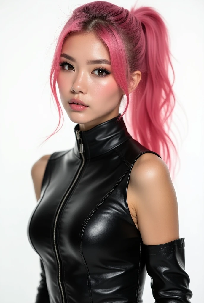 nsfw、sexy asian fashion model、glossy lipstick、smiling face、defined eyebrows、ultra detailed drama makeup、long lashes、full body Esbian、ultra detailed latex business dress(neon pink)、latex choker、latex bracelets、Colorful hair