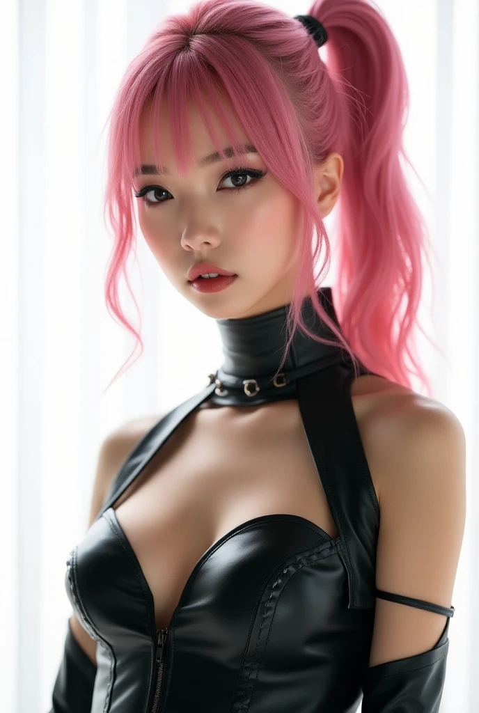Cute 18 year old punk girl,、(top-quality、in 8K、32K、masterpiece、cowboy shot)、(Photorealsitic:1.4),Fancy makeup, shapeless punk long hair, (studded punk fashion clothing)、A pink-haired, cheeky leather short shorts、realistic,、she is making fellatio,cum on her,Downtown District Background、backlight effect、depth of fields,blurry background,only lingerie