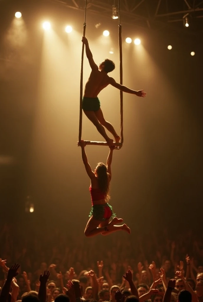 man and woman trapeze artists dancing dynamic dramatic highres photo, very tanned primitive buzzcut shaved head brutish Neanderthal Russian young man trapeze acrobatics with woman in circus Brazil