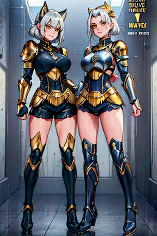 female, silver short messy hair, yellow eyes, silver wolf ears, silver wolf tail, (((1girl))), (((dark blue armor with gold trim))), (black shorts), (dark blue metal arm guards with gold trim), (dark blue metal heeled boots with gold trim), cute and sexy, full body, big breasts, long legs, smiling