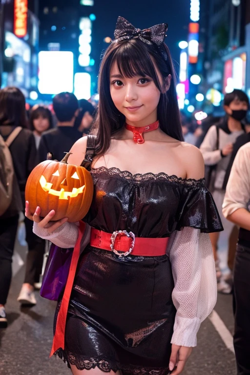 (masutepiece:1.3), (8K, Photorealistic, Raw photo, Best Quality: 1.4), Japanese, (1girl in), Beautiful face, (Realistic face), (Black hair), Beautiful hairstyle, Realistic eyes, Beautiful detailed eyes, (Realistic skin), Beautiful skin, Attractive, 超A high resolution, A hyper-realistic, Highly detailed, Golden ratio、foco nítido:1.2、Beautiful woman with perfect body:1.4、Slim abdomen:1.2、((Layered Haircut、The large:1.2))、(no-bra)(Small beautiful hard(Thin, moist buttons up to shirt length:1.1)、(Halloween costumes wet in the rain)、a street、wetbody:1.1、Highly detailed facial and skin texture、A detailed eye、二重まぶた、 skin tanned、A sexy、sun burn、乃木坂アイドル、韓国アイドル、hposing Gravure Idol、(Cute pumpkin costume:1.3)、(huge-breasted, cleavage:1.3), (Cameltoe:1.3),(Night),(Glamour), (NSFW),(Night),((Colorful micro bikini))