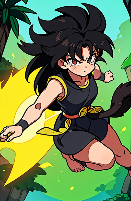 ( masterpiece ,  The best quality ,  detailed face ,  detailed eyes ), yellow lilies, 1 girl, Saiyan , 1 girl,  Saiyan monkey tail ,  black hair,  Long and wild pointed hair ,  Gi without shoulders , brown belt,  Short stockings in very dark brown color ,  Very dark brown bracelets ,  Small tufts of hair on the top of the feet., barefoot, ( Side view ), Saiyan , a cartoon character with  black hair, lashing  Saiyan monkey tail , Saiyan  with a monkey tail, tied hair,  Long and wild pointed hair ,  hair over the shoulders ,  hair down , angry, (Floating in a jungle that looks like paradise.)