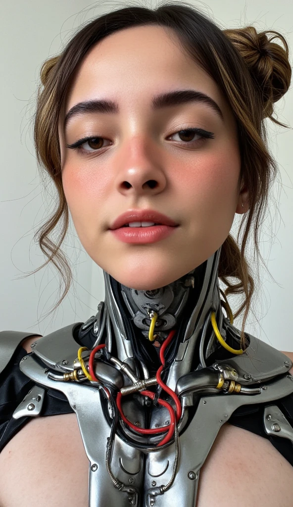 4K, Award-winning Raw Photo Realism: A Cyborg Android Woman, Eyes Closed, Intricately Detailed Wires and Cables Intertwining with Gears and Nerves, Painted in the Style of  Noriyoshi Ohrai , Trending on ArtStation, Hyper-realistic Digital Art, Shot with a 35mm Lens, HD.