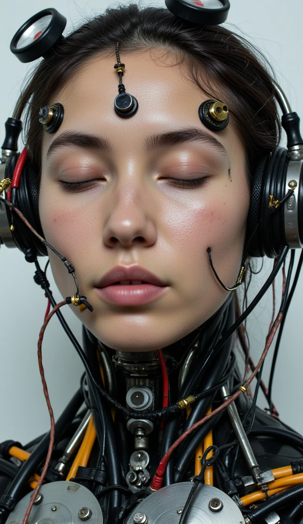 4K, Award-winning Raw Photo Realism: A Cyborg Android Woman, Eyes Closed, Intricately Detailed Wires and Cables Intertwining with Gears and Nerves, Painted in the Style of  Noriyoshi Ohrai , Trending on ArtStation, Hyper-realistic Digital Art, Shot with a 35mm Lens, HD.