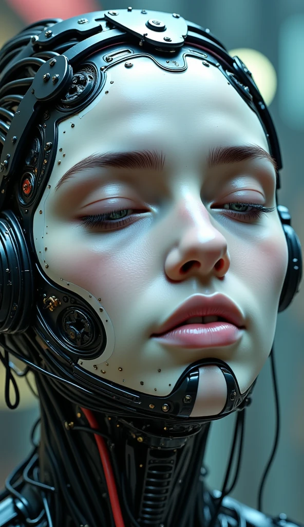 4K, Award-winning Raw Photo Realism: A Cyborg Android Woman, Eyes Closed, Intricately Detailed Wires and Cables Intertwining with Gears and Nerves, Painted in the Style of  Noriyoshi Ohrai , Trending on ArtStation, Hyper-realistic Digital Art, Shot with a 35mm Lens, HD.