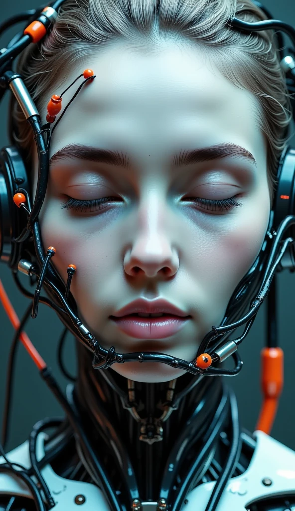 4K, Award-winning Raw Photo Realism: A Cyborg Android Woman, Eyes Closed, Intricately Detailed Wires and Cables Intertwining with Gears and Nerves, Painted in the Style of  Noriyoshi Ohrai , Trending on ArtStation, Hyper-realistic Digital Art, Shot with a 35mm Lens, HD.