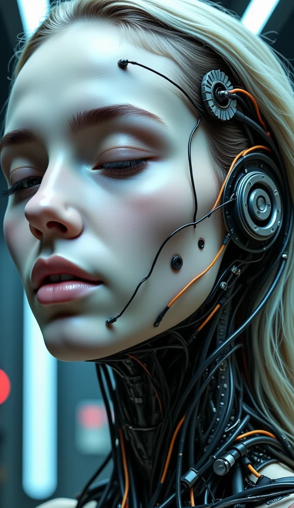 4K, Award-winning Raw Photo Realism: A Cyborg Android Woman, Eyes Closed, Intricately Detailed Wires and Cables Intertwining with Gears and Nerves, Painted in the Style of  Noriyoshi Ohrai , Trending on ArtStation, Hyper-realistic Digital Art, Shot with a 35mm Lens, HD.