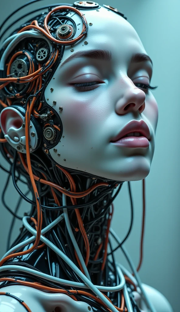 4K, Award-winning Raw Photo Realism: A Cyborg Android Woman, Eyes Closed, Intricately Detailed Wires and Cables Intertwining with Gears and Nerves, Painted in the Style of  Noriyoshi Ohrai , Trending on ArtStation, Hyper-realistic Digital Art, Shot with a 35mm Lens, HD.