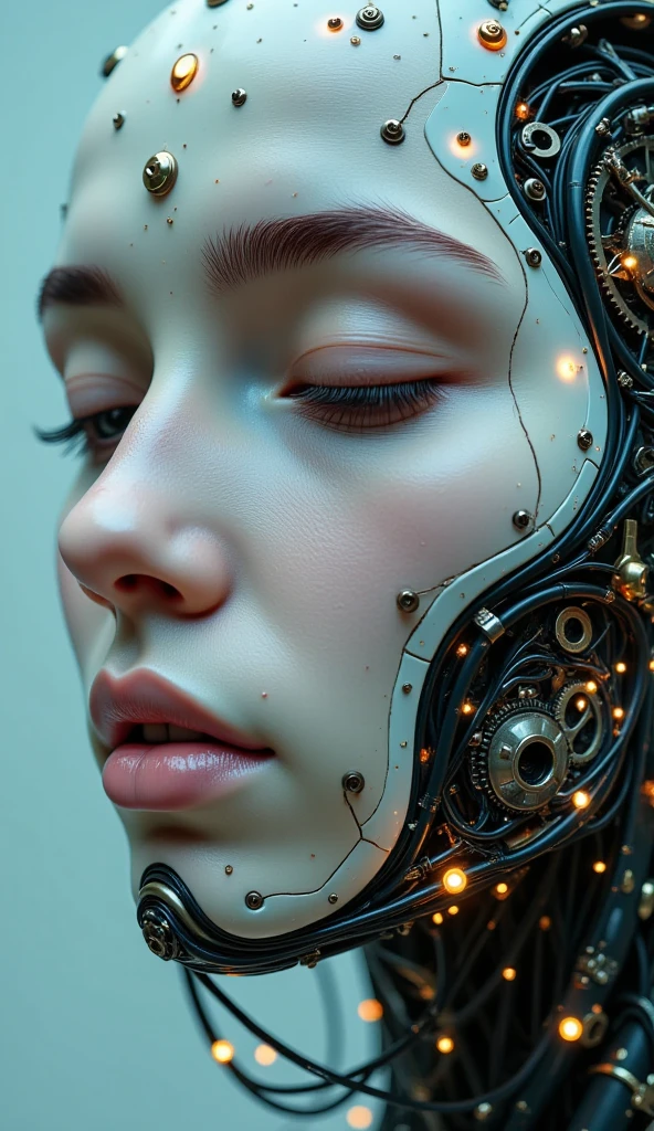 4K, Award-winning Raw Photo Realism: A Cyborg Android Woman, Eyes Closed, Intricately Detailed Wires and Cables Intertwining with Gears and Nerves, Painted in the Style of  Noriyoshi Ohrai , Trending on ArtStation, Hyper-realistic Digital Art, Shot with a 35mm Lens, HD.