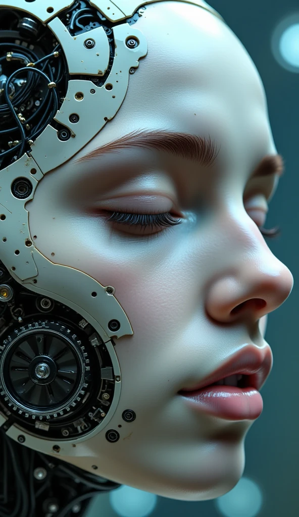 4K, Award-winning Raw Photo Realism: A Cyborg Android Woman, Eyes Closed, Intricately Detailed Wires and Cables Intertwining with Gears and Nerves, Painted in the Style of  Noriyoshi Ohrai , Trending on ArtStation, Hyper-realistic Digital Art, Shot with a 35mm Lens, HD.