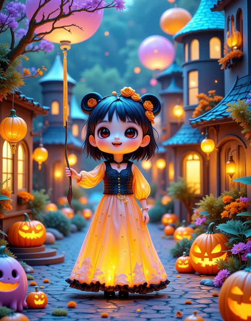 Halloween，Chen Jialing，Gothic，cute，castle， surrealism ，Atmosphere，Weird，suspense，3d，OC Rendering，(Skeleton Bride:1.4)，Q version，Super cute ，( Giant Ghost :1.4)，(Will-O-Wisp)，(Jack-o&#39;-lantern:1.3)，bat，(thorns:1.5)，Fashion Magazine，Smoky