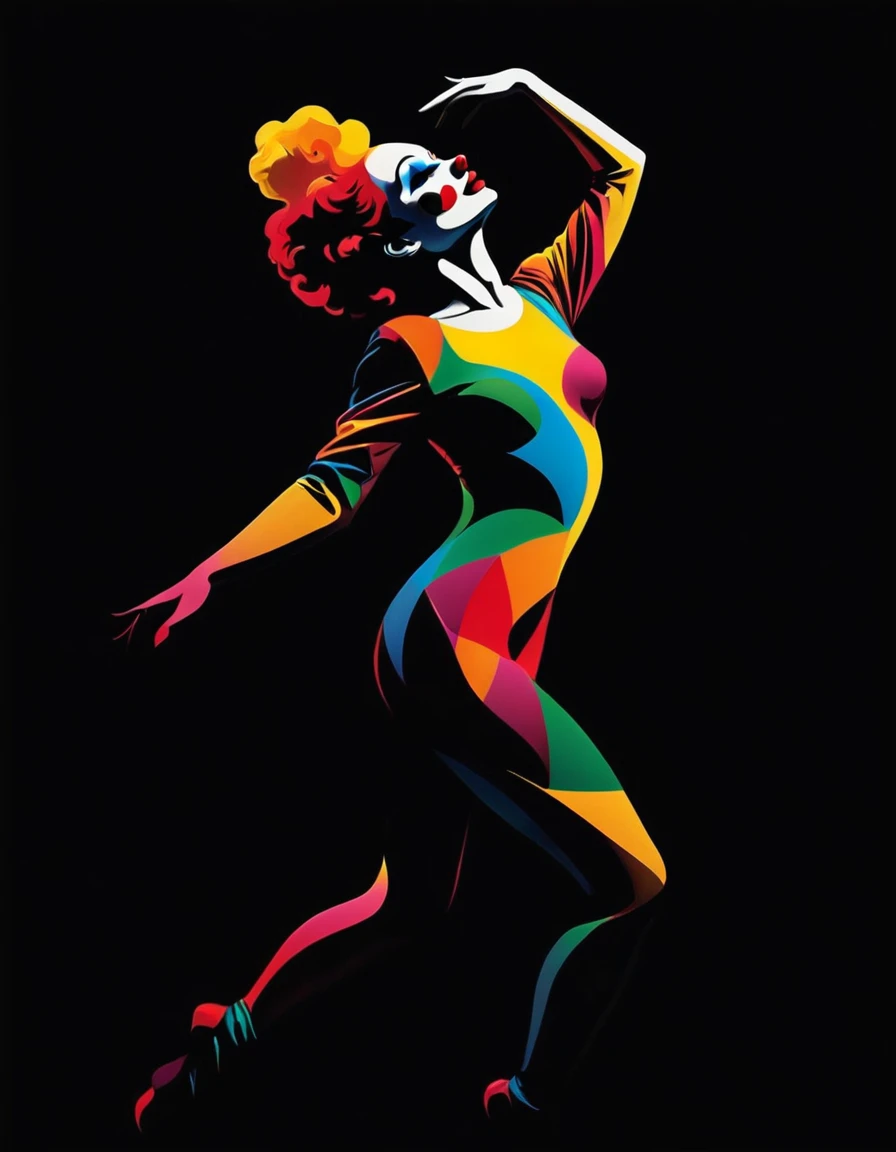 Negative Space Art, Optical Art. artistic graphic design, Black Background, Negative space in the form of a dancing woman's body, Negative space is Psychedelic collage of Killer Clown.