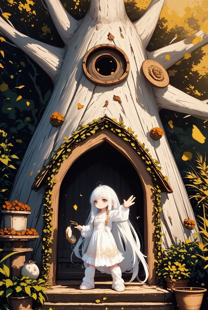 cute girl, taking a commemorative photo in front of the entrance of a house carved out of a giant tree, fantasy art, flying gold dust, various effects, delicate and dynamic textures, contrasts of light and shadow, 2.5D, artistic, digital graphic CG, BREAK ultra detailed, absolutely resolution, best quality