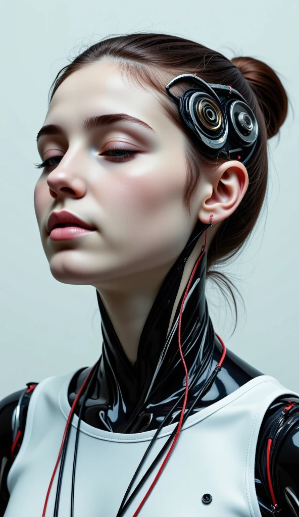 4K, Award-winning Raw Photo Realism: A Cyborg Android Woman, Eyes Closed, Intricately Detailed Wires and Cables Intertwining with Gears and Nerves, Painted in the Style of  Noriyoshi Ohrai , Trending on ArtStation, Hyper-realistic Digital Art, Shot with a 35mm Lens, HD.