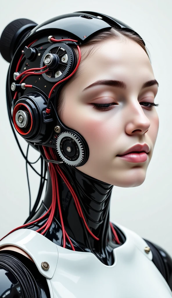 4K, Award-winning Raw Photo Realism: A Cyborg Android Woman, Eyes Closed, Intricately Detailed Wires and Cables Intertwining with Gears and Nerves, Painted in the Style of  Noriyoshi Ohrai , Trending on ArtStation, Hyper-realistic Digital Art, Shot with a 35mm Lens, HD.