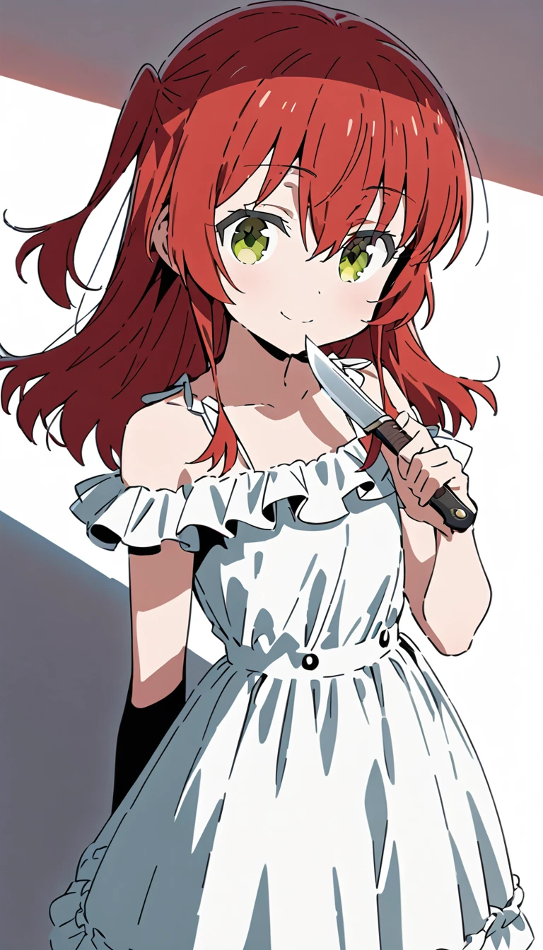 ikuyo kita, green eyes, hair between eyes, long hair, one side up, red hair, small chest, dress, frilled dress, open shoulders, white dress, flare skirt, hold the knife in hand, smile, simple eyes, shadows around eyes, solo, best quality, ultra-detailed, high resolution, best quality, detailed shading, detailed background, super detailed, 