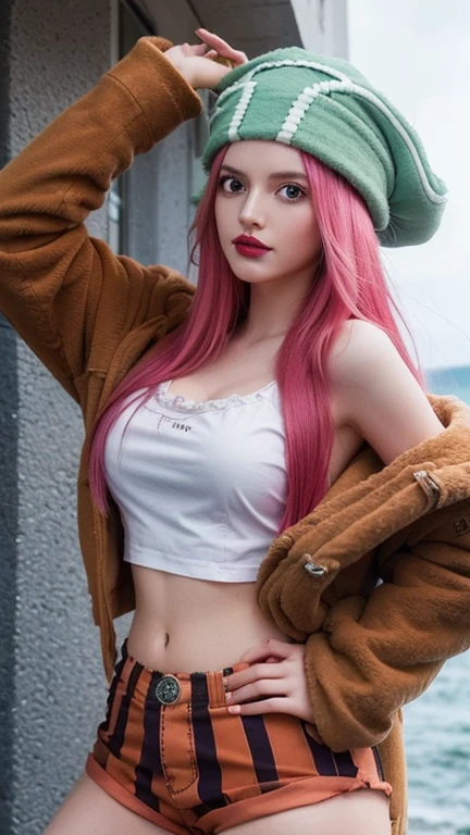 1 girl, joias bonney em anime one piece,  long hair , pink hair, green eyes, linda, white clothes, crop top,  green pirate hat ,  open brown jacket ,  black brown striped shorts, Suspend pant ,  BIG BREASTS,  cleavage, showing shoulders, ( hands on hips posing ), seabed, Ultra detail, realistic,  red lips, sexy position,  arms up 
