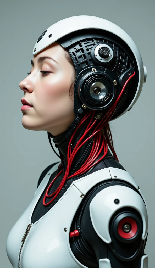 4K, Award-winning Raw Photo Realism: A Cyborg Android Woman, Eyes Closed, Intricately Detailed Wires and Cables Intertwining with Gears and Nerves, Painted in the Style of  Noriyoshi Ohrai , Trending on ArtStation, Hyper-realistic Digital Art, Shot with a 35mm Lens, HD.