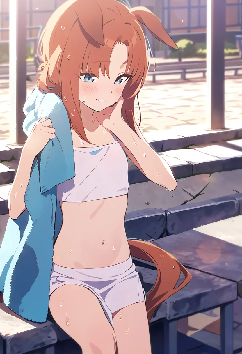 masterpiece、 Horse Girl 、 silence suzuka 、Horse ears and tail、 flat chest、 Orange Hair 、Taking a break in the shade of the schoolyard、 The wind is blowing、smile、Wiping off sweat with a towel