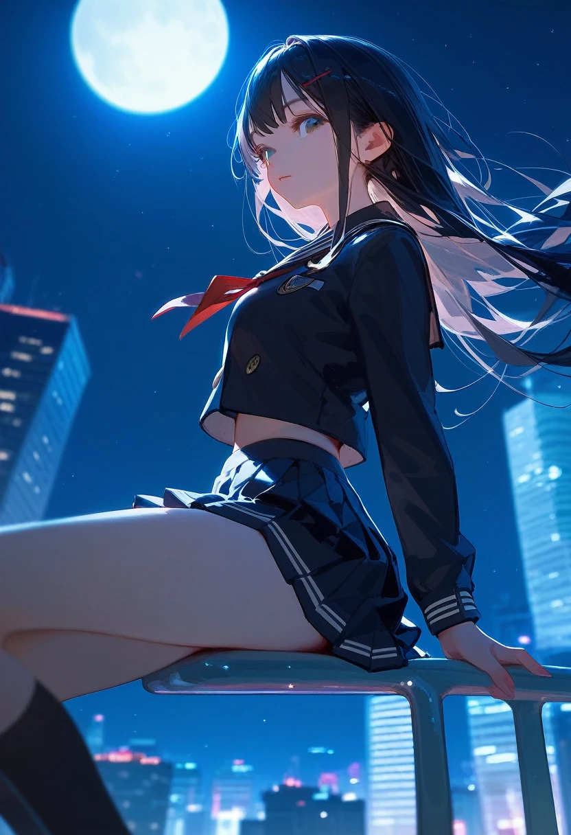 Score_9,Score_8_up,Score_7_up,highest quality,detailed,1 beautiful 18yo girl,JK,slim,(black_long_hair,straight_bangs),(wearing school uniform:1.2),(perfect anatomy),Sitting on top of a skyscraper,looking down on the city,beautiful night sky,huge full moon,view from side below