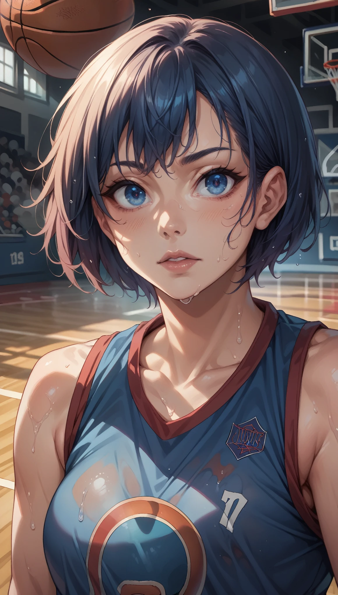 Sweaty wet uniform, basketball, turn around, blue short bob, blue eyes, detailed eyes, beautiful eyes, detailed face, long face