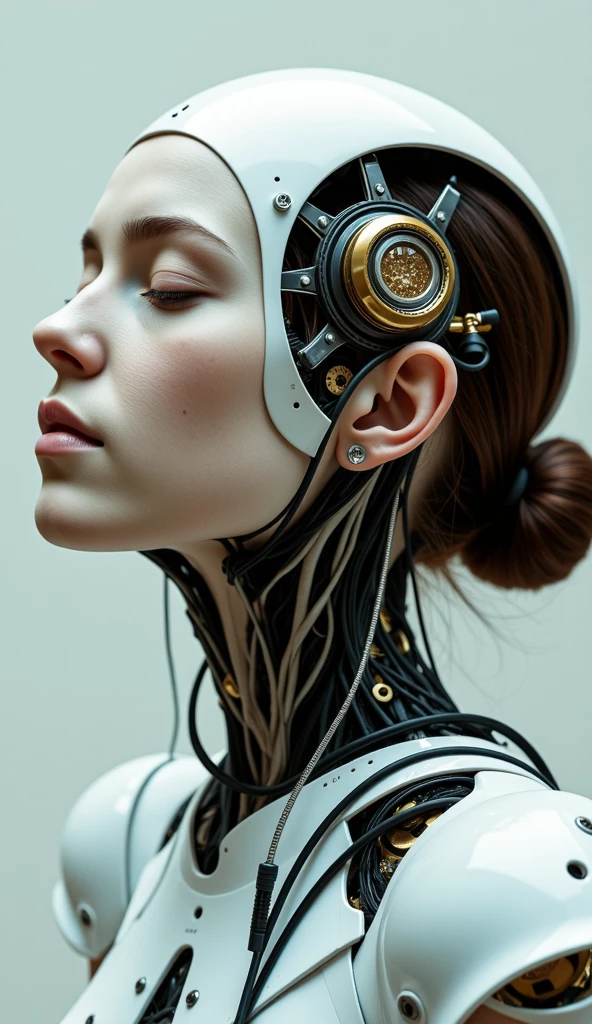 4K, Award-winning Raw Photo Realism: A Cyborg Android Woman, Eyes Closed, Intricately Detailed Wires and Cables Intertwining with Gears and Nerves, Painted in the Style of  Luis Ricardo Falero and Luis Royo, Trending on ArtStation, Hyper-realistic Digital Art, Shot with a 35mm Lens, HD.