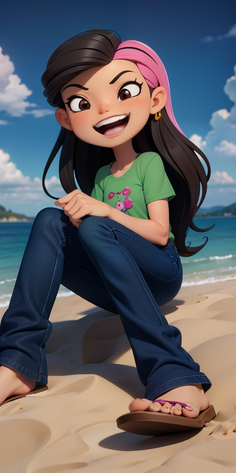 8k, high quality, masterpiece quality, good lighting, excellent coloring, masterpiece, best quality, Juniper lee, asian american, 1girl, perfect face, brown eyes, dark hair, long hair, dark hair with a pink stripe, green shirt with pink dragonfly, blue jeans(Wide flares on jeans:1.2), barefoot, feet, soles, feet focus, perfect anatomy, perfect eyes, high-quality eyes, beach sand, sitting down on the sand, laughter, getting tickled, finger on soles,