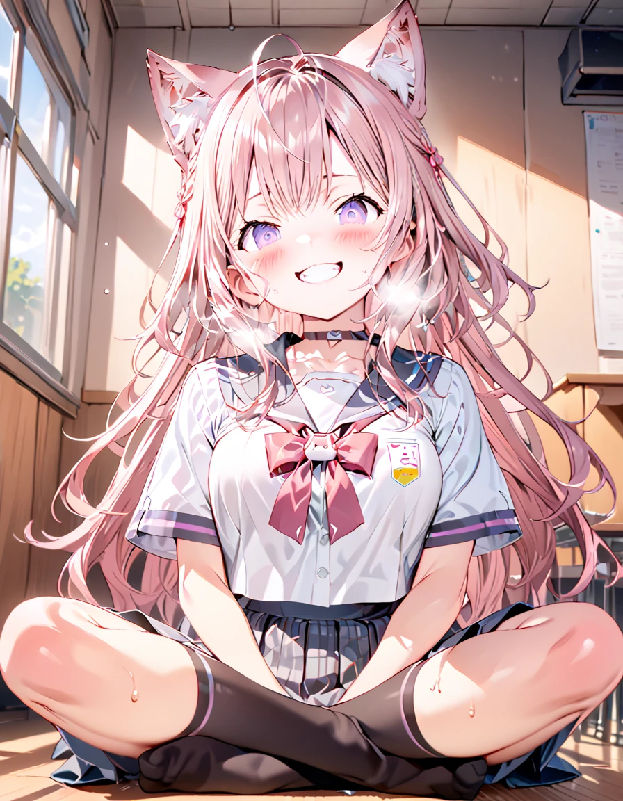 school uniform, (blushing), (Black thigh-high socks),(((indian style))),koyo_lab,Wolf tail,animal ear fluff,purple eyes,cat mouth, 1girl, middle breasts ,(masterpiece),( best quality ),(Super detailed),(  Best Illustration),( BEST SHADOW ),(Absurd),(Detailed face),(  very aesthetic), 1 girl, excited , watching viewers,Heavy breathing, shiny skin,sweat,,classroom,sitting,Daytime,happy,(good smile),cclosed eyes,Teeth are visible,(head tilt),arms between legs,grin,white teeth,full body,looking down, (from below),