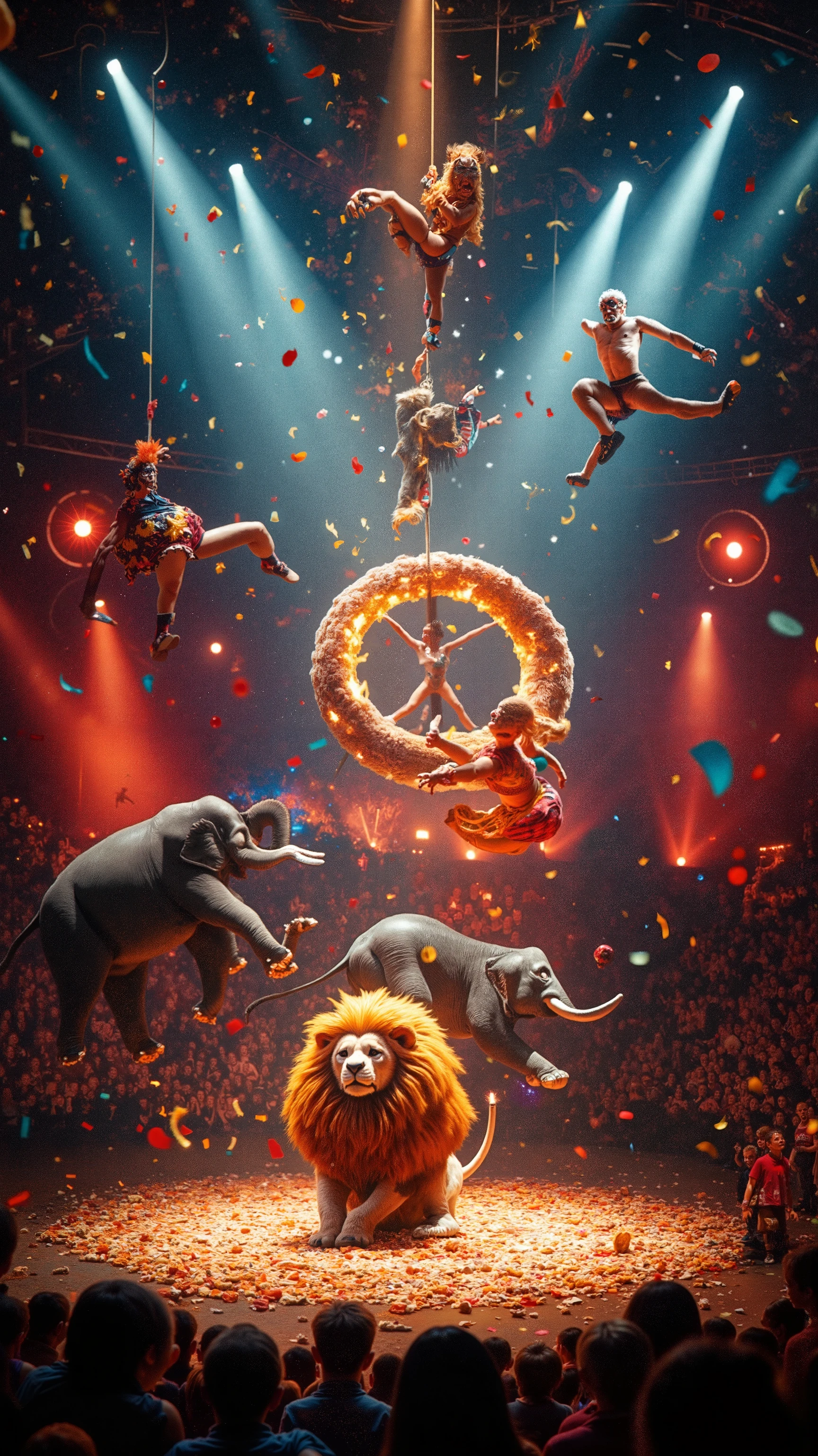 photo of Bolshoi Circus.Circus advertising poster. Very colorful photograph. Effective collage of photos of flying trapeze and tightrope walker and elephant's ball rider and lion's fire ring walker and clown juggling. detailed, realistic. many colorful confetti and spotlights and fireworks.