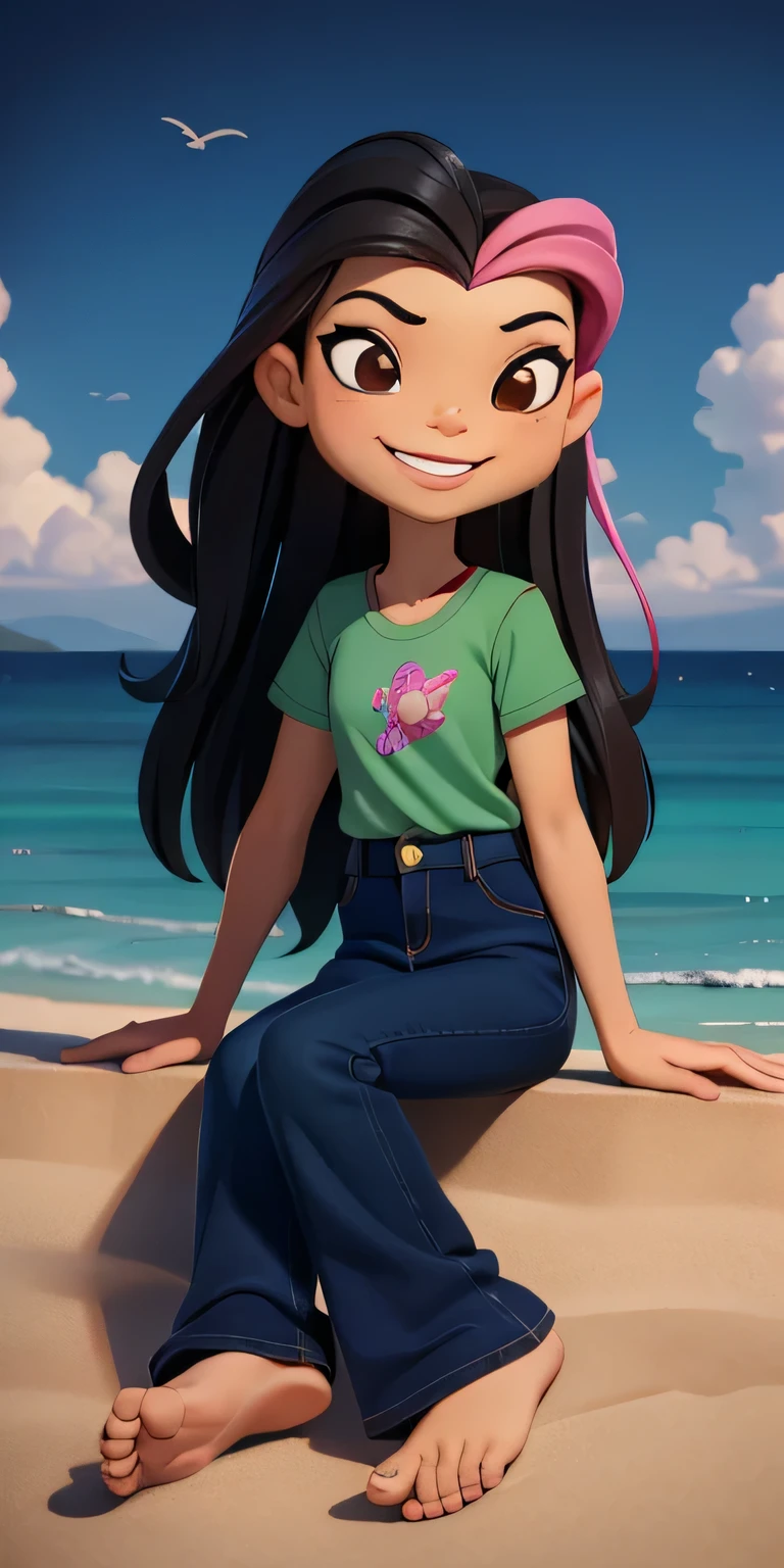 8k, high quality, masterpiece quality, good lighting, excellent coloring, masterpiece, best quality, Juniper lee, asian american, 1girl, perfect face, brown eyes, dark hair, long hair, dark hair with a pink stripe, green shirt with pink dragonfly, blue jeans(Wide flares on jeans:1.2), barefoot, feet, soles, feet focus, perfect anatomy, perfect eyes, high-quality eyes, beach sand, sitting down on the sand, smiling, tease, pov,