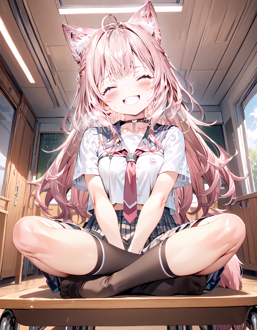 school uniform, (blushing), (Black thigh-high socks),(((indian style))),koyo_lab,Wolf tail,animal ear fluff,purple eyes,cat mouth, 1girl, middle breasts ,(masterpiece),( best quality ),(Super detailed),(  Best Illustration),( BEST SHADOW ),(Absurd),(Detailed face),(  very aesthetic), 1 girl, excited , watching viewers,Heavy breathing, shiny skin,sweat,,classroom,sitting,Daytime,happy,(good smile),cclosed eyes,Teeth are visible,(head tilt),arms between legs,grin,white teeth,full body,looking down, (from below),