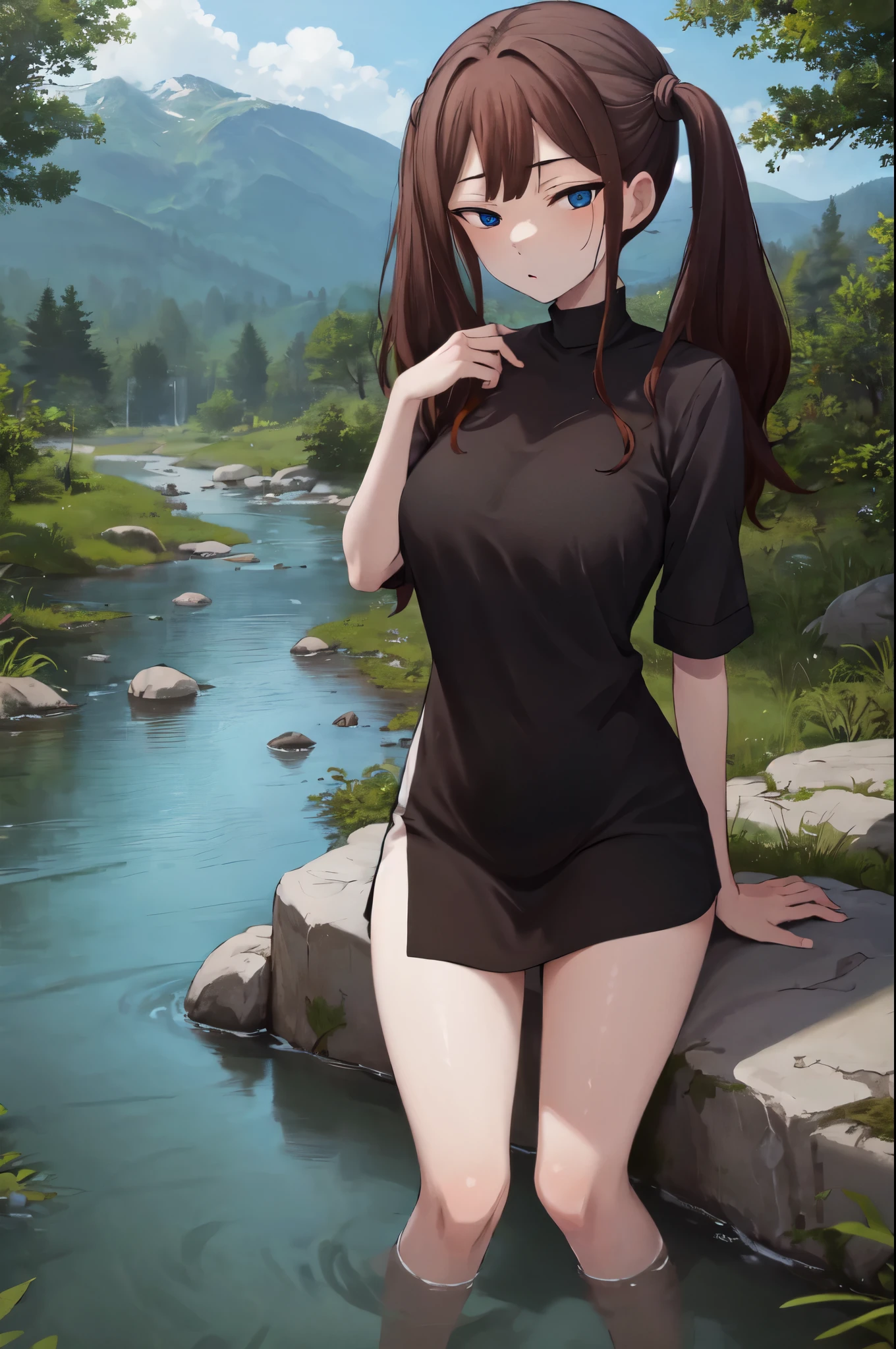 illustration, cartoon, soothing tones, calm colors, masterpiece, best quality, absurdres, highres, standing, looking at viewer, 1girl, mature female, medium breasts, thighs, tsubame ntr, long hair, blue eyes, brown hair, twintails,
sitting on a rock beside a stream, nature, outdoors,