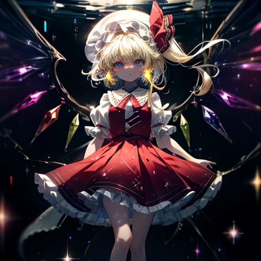 1gilr, smile, full body, Flandre scarlet, ascot, crystal, frilled skirt, frills, hat, hat ribbon, puffy short sleeves, puffy sleeves, red ribbon, red skirt, red vest, ribbon, shirt, short sleeves, skirt, vest, white headwear, white shirt, wings, shoes, socks, glowing body, glowing skin! Colorful Light, Very Shiny, Very Luminous, Very Colorful, Very Glowing, Darkness, Starry Stars Cloud Colorful, Colorful Glowing Body, Colorful Glowing Skin, Colorful Glowing Clothes, Hiori Light Art, Backlight,PEAnimeBG, Background, anime, scenery, sparkle, star \(symbol \), gl0w, glow, Abstract, centcontrapposto,insanely detailed,ultra highres,masterpiece,8K,super detailed skin, (detailed beautiful face and eyes),very detailed background,elaborately designed clothes,beautiful artwork, detailed eyes, detailed clothes, detailed body, detailed hands, detailed hair, sparkle, star \(symbol\),intricate details,Colorful Light, Very Shiny, Very Luminous, Very Colorful, Very Glowing, Darkness, Starry Stars Cloud Colorful, Colorful Glowing Body, Colorful Glowing Skin, Colorful Glowing Clothes,