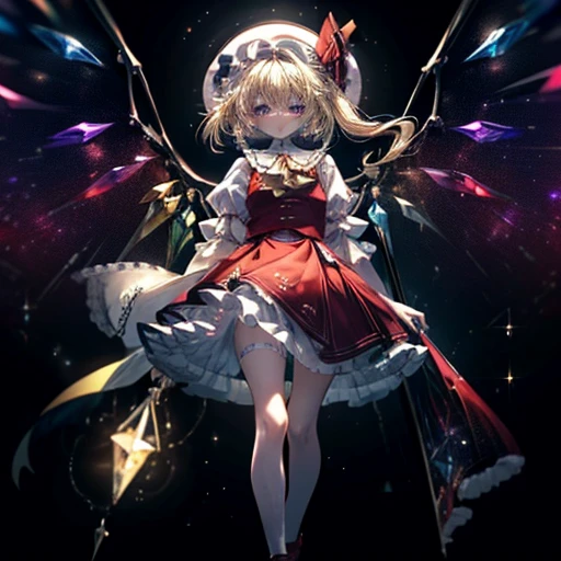 1gilr, smile, full body, Flandre scarlet, ascot, crystal, frilled skirt, frills, hat, hat ribbon, puffy short sleeves, puffy sleeves, red ribbon, red skirt, red vest, ribbon, shirt, short sleeves, skirt, vest, white headwear, white shirt, wings, shoes, socks, glowing body, glowing skin! Colorful Light, Very Shiny, Very Luminous, Very Colorful, Very Glowing, Darkness, Starry Stars Cloud Colorful, Colorful Glowing Body, Colorful Glowing Skin, Colorful Glowing Clothes, Hiori Light Art, Backlight,PEAnimeBG, Background, anime, scenery, sparkle, star \(symbol \), gl0w, glow, Abstract, centcontrapposto,insanely detailed,ultra highres,masterpiece,8K,super detailed skin, (detailed beautiful face and eyes),very detailed background,elaborately designed clothes,beautiful artwork, detailed eyes, detailed clothes, detailed body, detailed hands, detailed hair, sparkle, star \(symbol\),intricate details,Colorful Light, Very Shiny, Very Luminous, Very Colorful, Very Glowing, Darkness, Starry Stars Cloud Colorful, Colorful Glowing Body, Colorful Glowing Skin, Colorful Glowing Clothes,