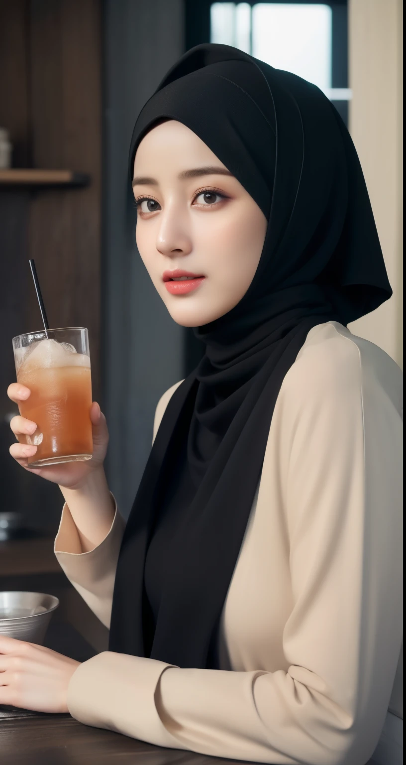 a beautiful hijab-wearing woman buying a drink at a cafe, wearing trendy clothes, black hijab, black hair, red lips, half-body shot, (best quality,4k,8k,highres,masterpiece:1.2),ultra-detailed,(realistic,photorealistic,photo-realistic:1.37),detailed description of face and features,hyper detailed portrait, cinematic lighting, warm color tones, high-end fashion, urban cafe setting, intricate hijab folds, glowing skin, elegant pose