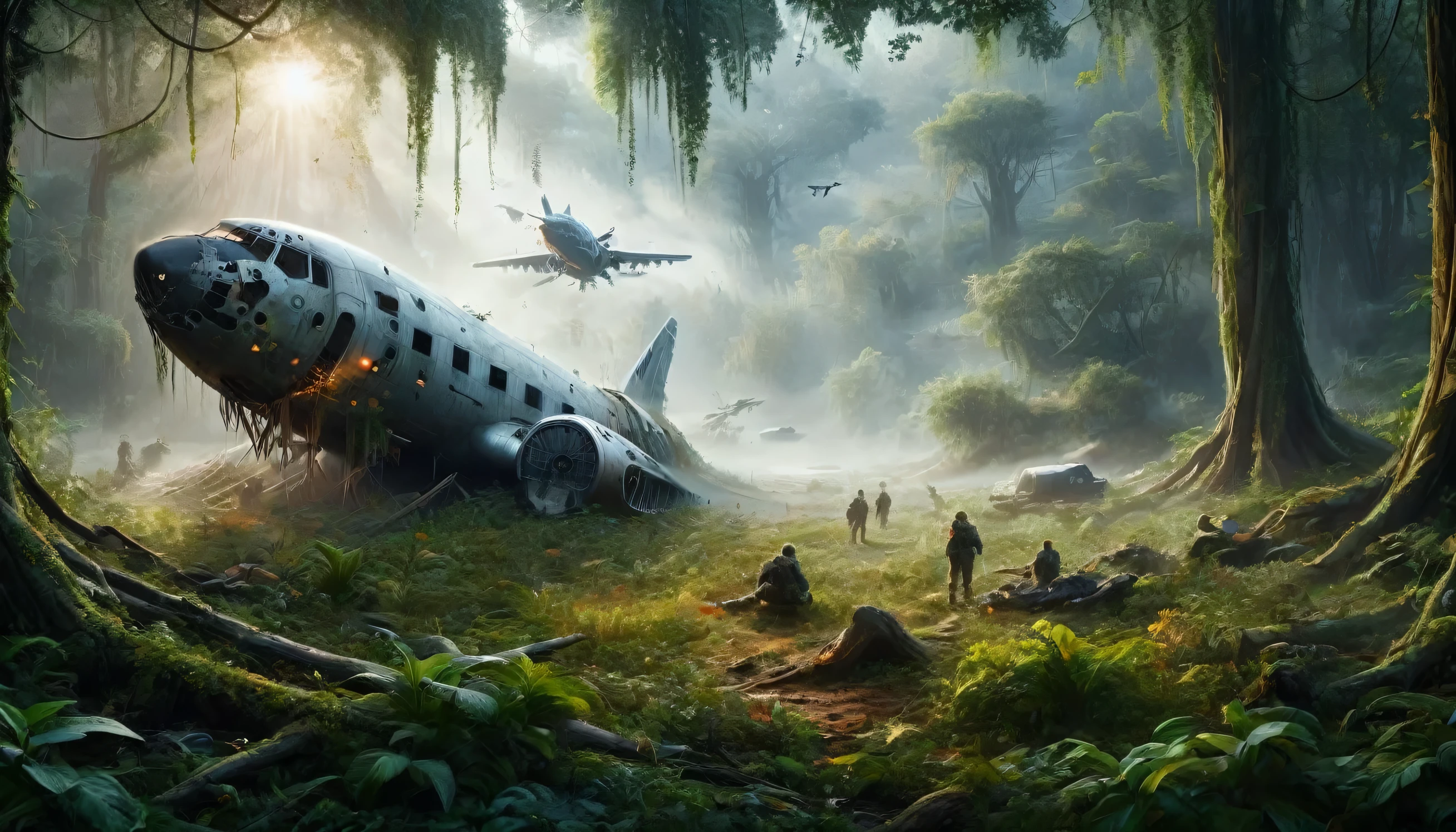 A highly detailed, high resolution illustration of a crashed spacecraft landing in a field surrounded by trees. The spacecraft must have impressive armoured construction, visible military elements such as weapons and reinforced plating, and signs of heavy use including extensive rust, stains, dirt and severe damage from previous battles. The field must be covered in a layer of grass, and the trees in the background must create a striking contrast. The scene must include subtle lighting effects that emphasise the impressive size and complexity of the landing spacecraft with its plasma jet engine a centre. A sense of scale and context. The illustrations must be drawn with such meticulous detail thaeems . Ultimately, the dramatic moment must be stunningly realistic and believable.