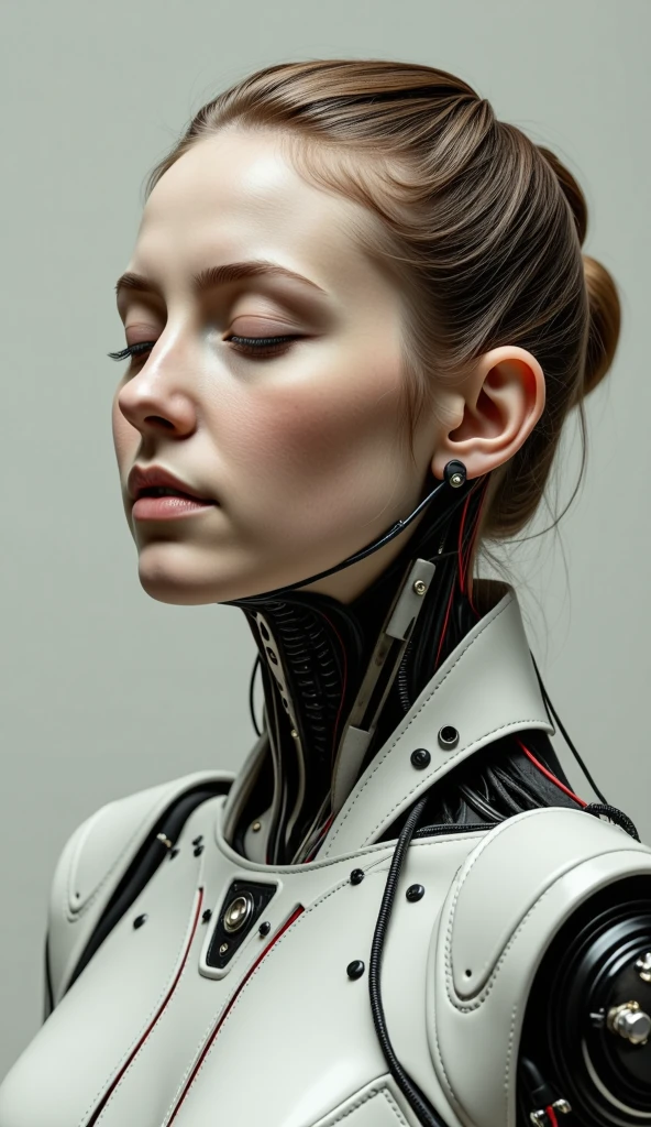 4K, Award-winning Raw Photo Realism: A Cyborg Android Woman, Eyes Closed, Intricately Detailed Wires and Cables Intertwining with Gears and Nerves, Painted in the Style of  Rembrandt and Luis Royo, Trending on ArtStation, Hyper-realistic Digital Art, Shot with a 35mm Lens, HD.