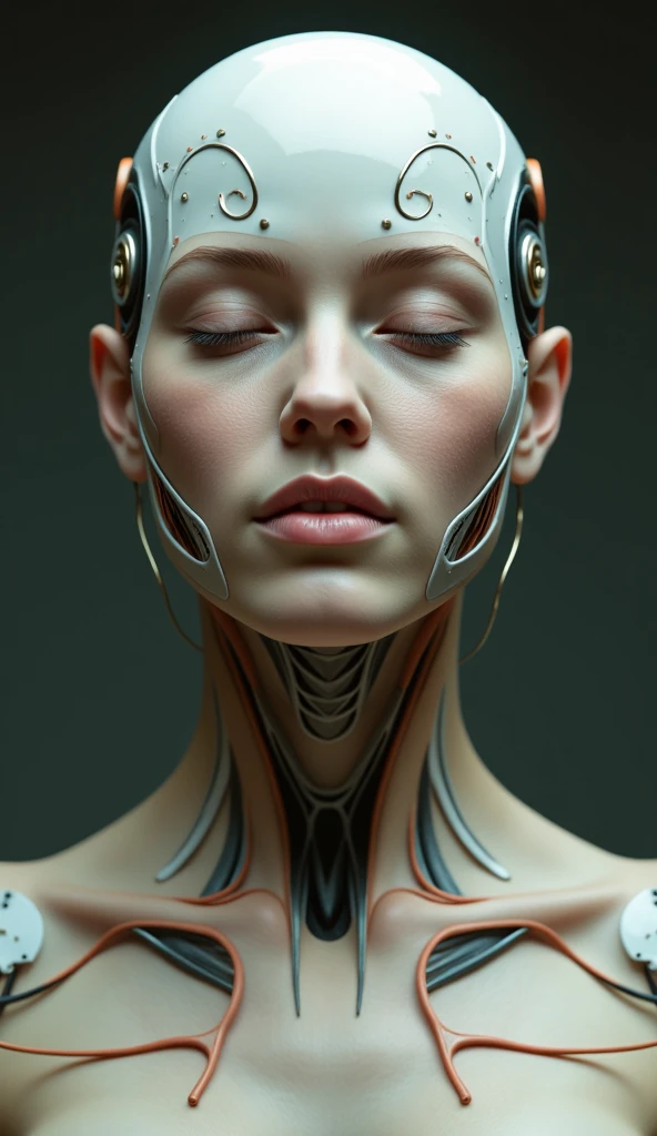 4K, Award-winning Raw Photo Realism: A Cyborg Android Woman, Eyes Closed, Intricately Detailed Wires and Cables Intertwining with Gears and Nerves, Painted in the Style of  Alphonse Mucha and Luis Royo, Trending on ArtStation, Hyper-realistic Digital Art, Shot with a 35mm Lens, HD.